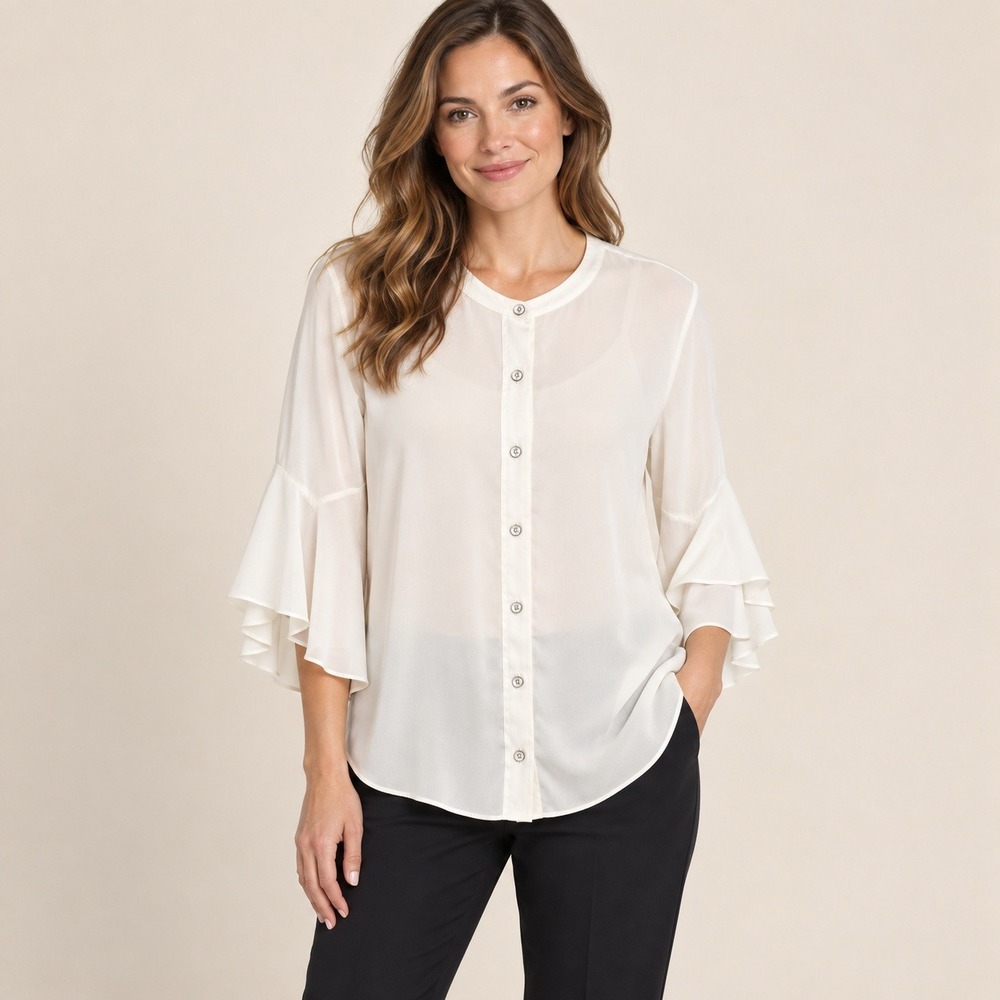 Cabi Ivory Sheer Button Front Blouse Size L Tiered Bell Sleeve Career Party